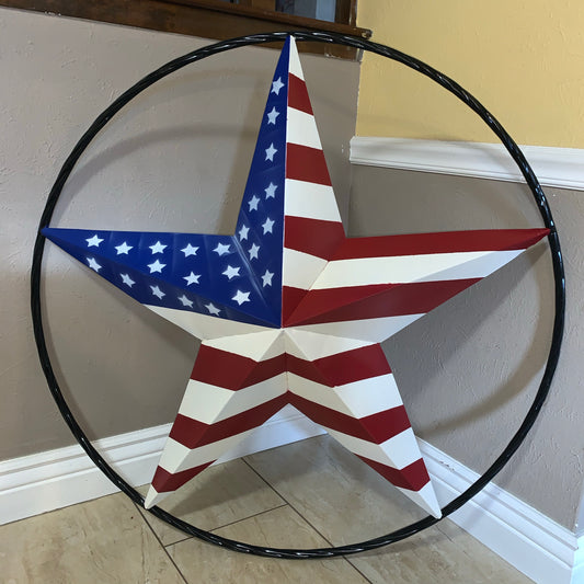 AMERICAN Flag USA Metal Barn Star RED WHITE & BLUE with Black Rope Ring Western Home Decor Handmade 12",16",24",30",34",36",40",48"