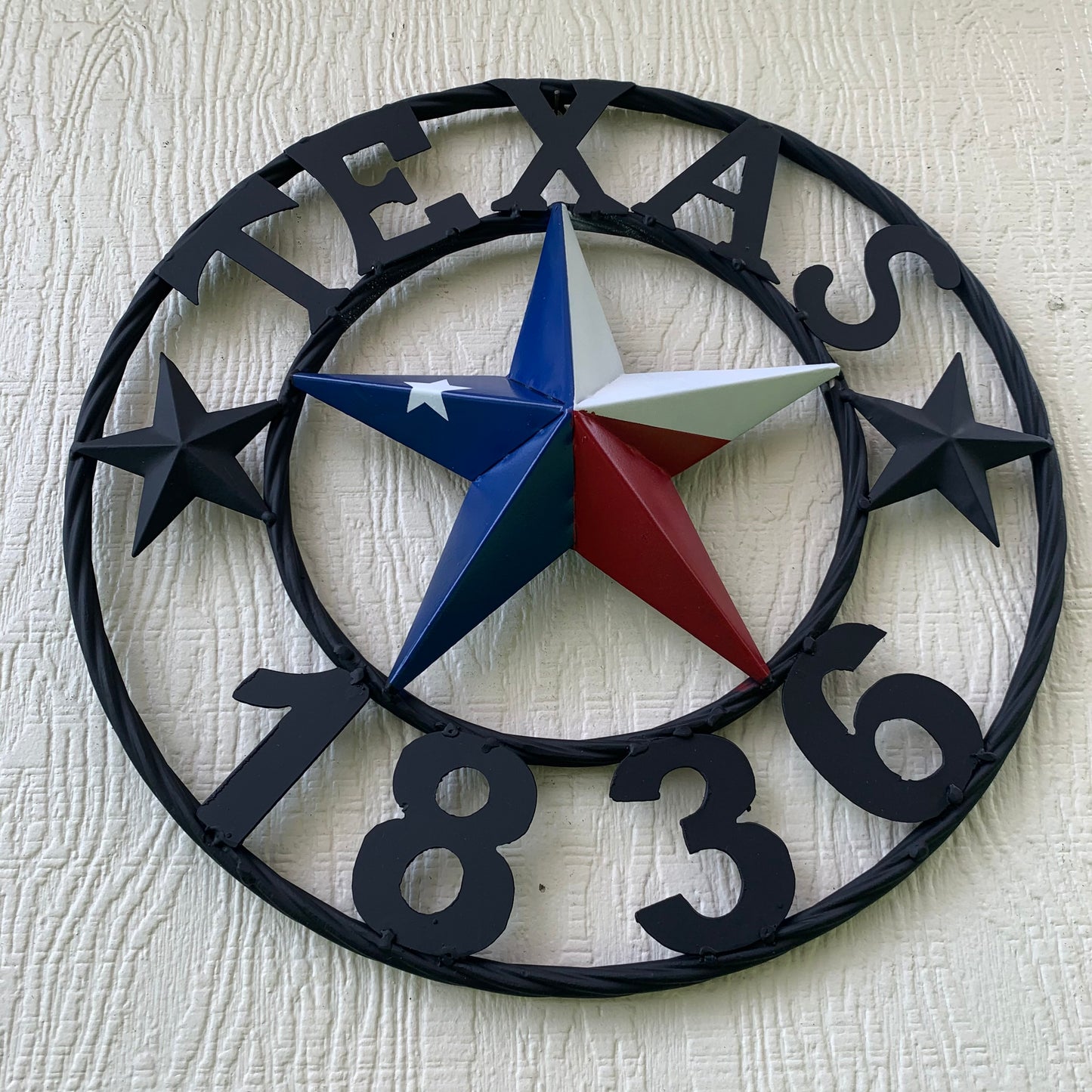 16" TEXAS 1836 RED WHITE BLUE TEXAS FLAG STAR & BLACK RING BARN STAR METAL WALL WESTERN HOME DECOR HANDMADE NEW ART