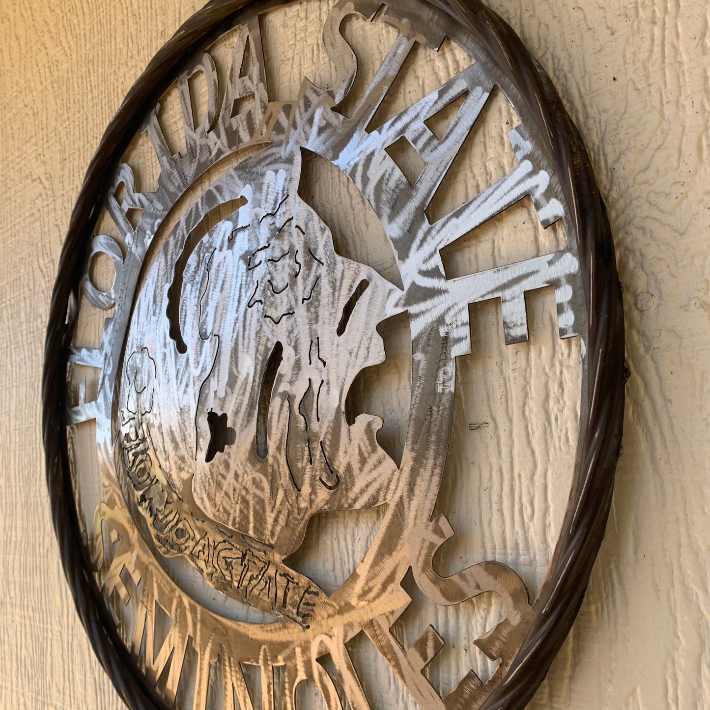 FSU FLORIDA STATE SEMINOLES INDIAN CUSTOM RAW METAL VINTAGE CRAFT TEAM SIGN HANDMADE