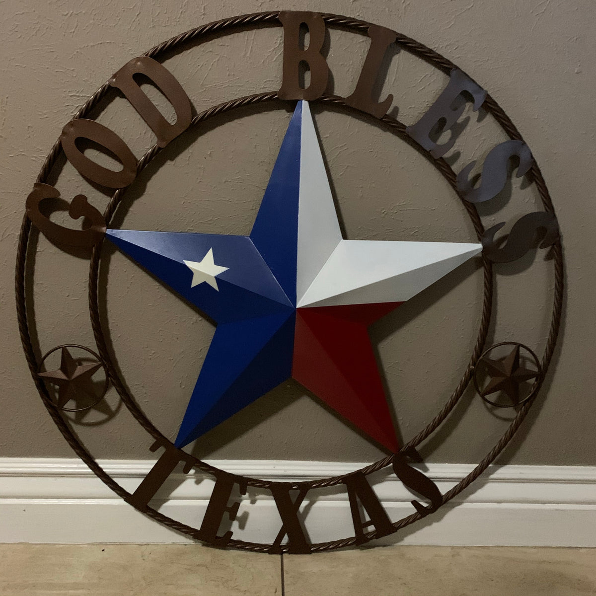 GOD BLESS TEXAS RED WHITE BLUE BARN METAL STAR BRONZE TWISTED ROPE RING WALL ART WESTERN HOME DECOR HANDMADE #EH11884