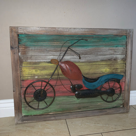 34"x25" MOTORCYCLE METAL ON WOOD FRAME HANDMADE WALL FRAME ART NEW