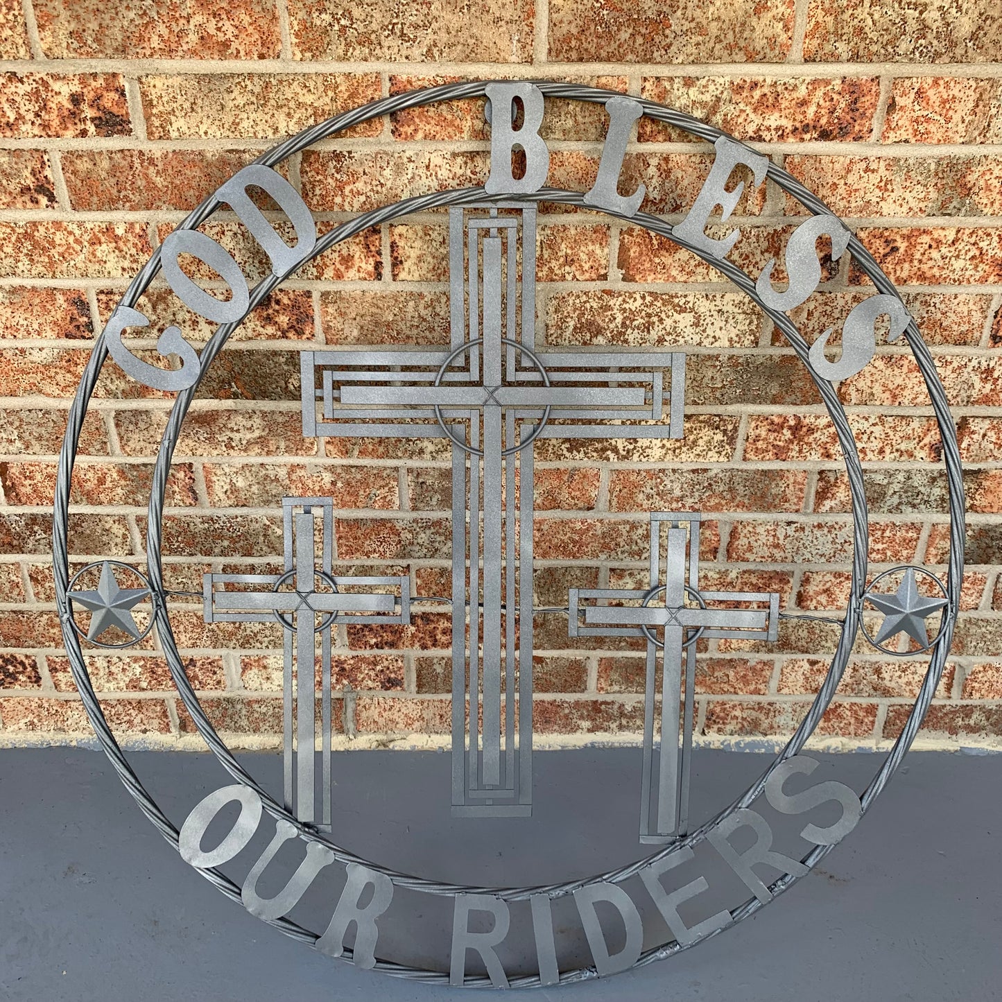 40"GOD BLESS OUR RIDERS CRUCIFIX GREY CROSS METAL WALL ART HANDMADE
