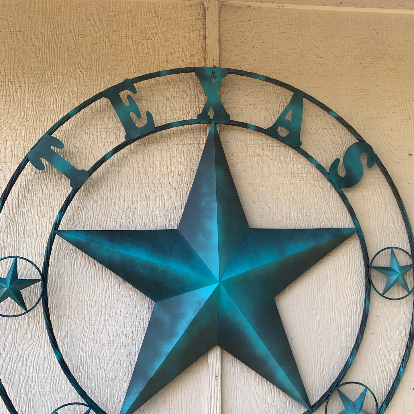 TEXAS LONESTAR TURQUOISE DISTRESSED TWO TONE METAL BARN STAR TWISTED ROPE RING WALL ART WESTERN HOME DECOR HANDMADE NEW #EH10483