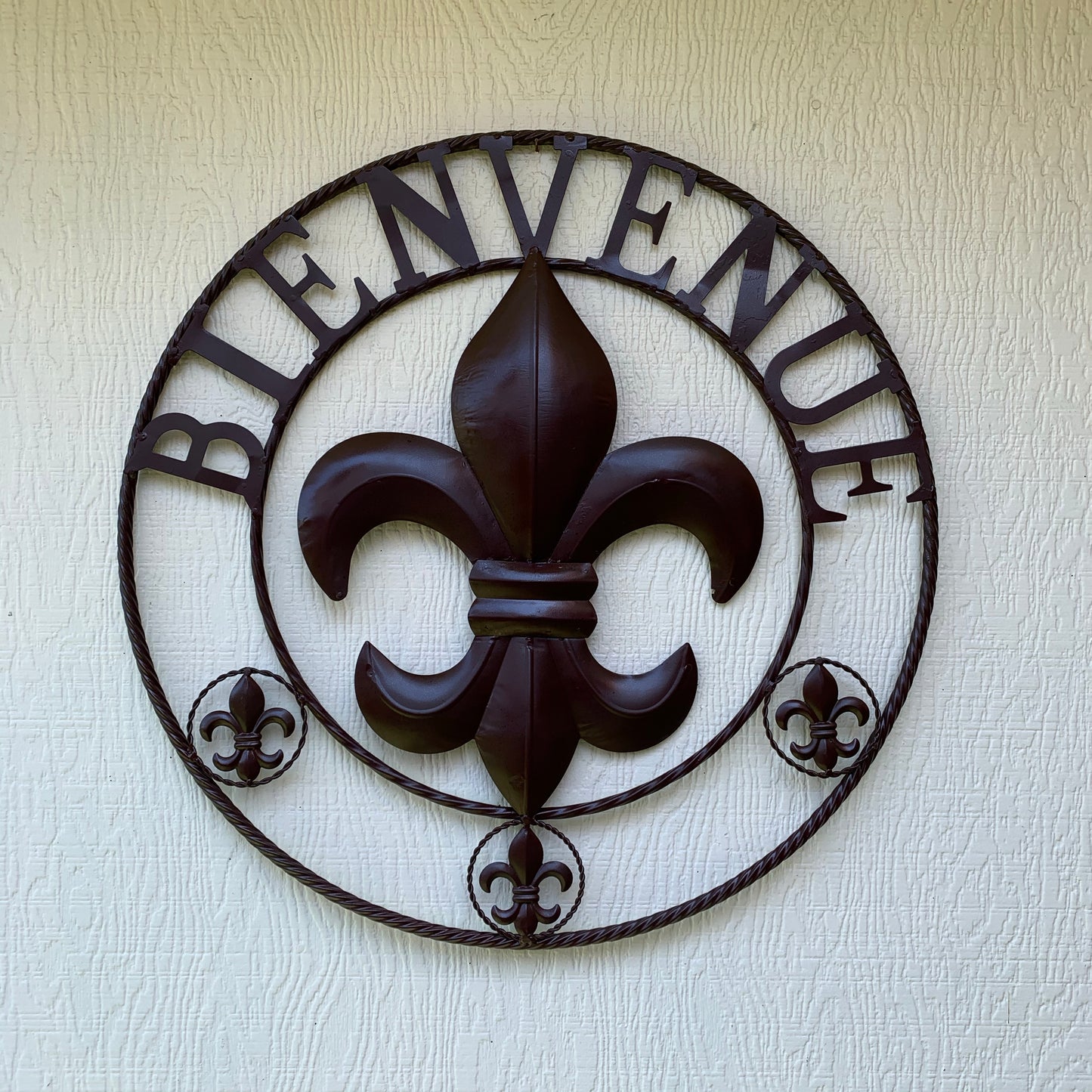 BIENVENUE FLEUR DE LIS GLOSSY BROWN METAL WALL ART WESTERN HOME DECOR NEW #EH10183