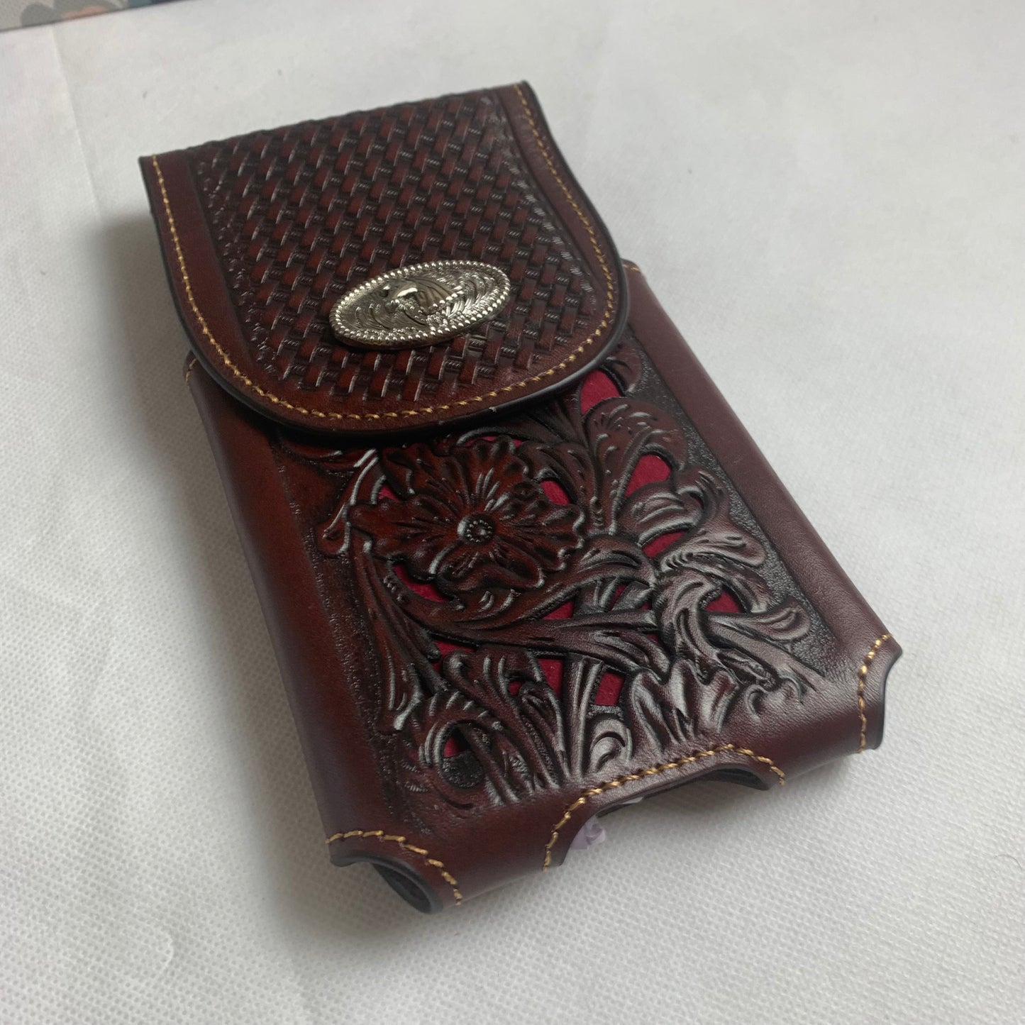 #LG2004  7.5" HORSE COFFEE BROWN & RED LEATHER POUCH EXTRA LARGE  BELT LOOP HOLSTER CELL PHONE CASE UNIVERSAL OVERSIZE