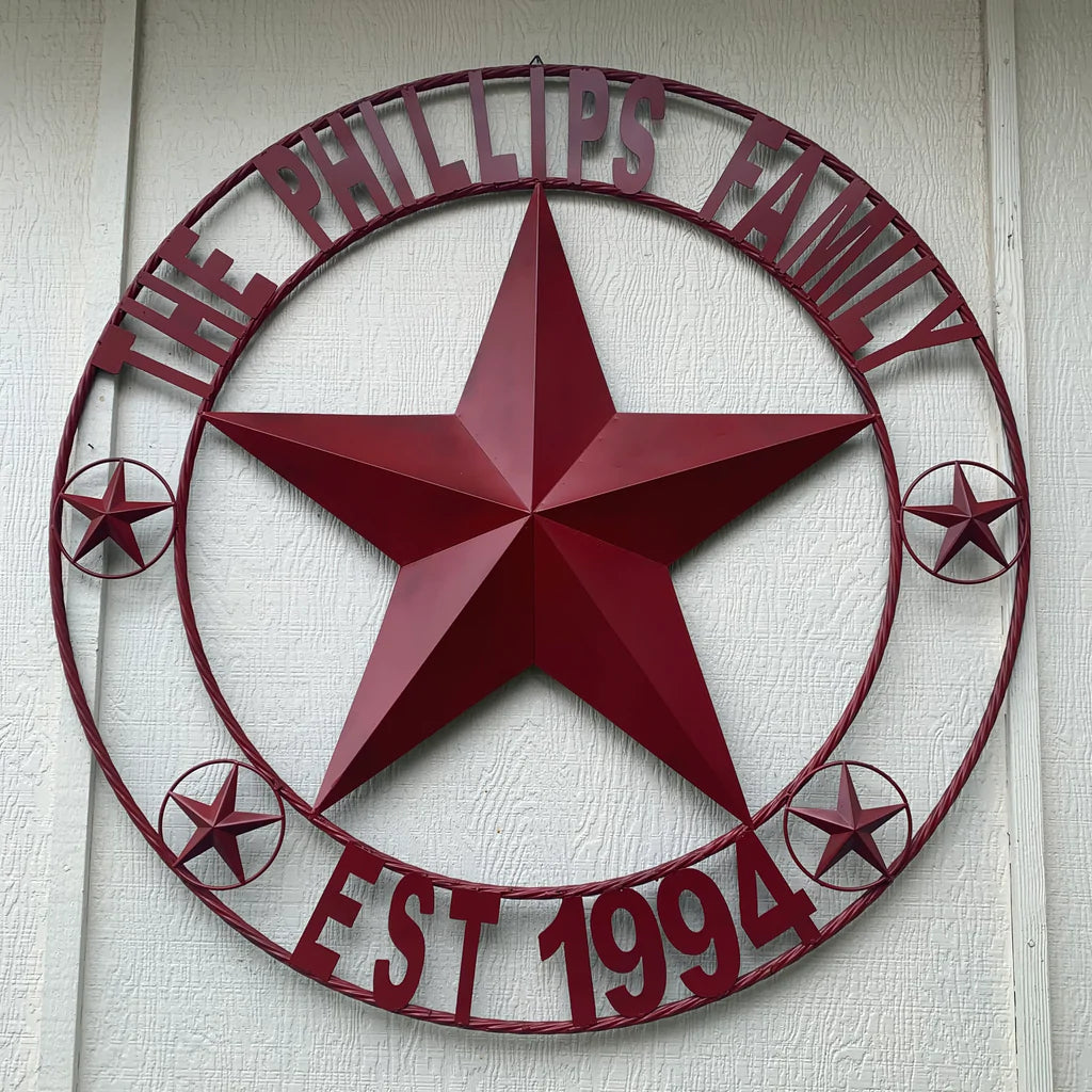 PHILLIPS STYLE YOUR CUSTOM STAR METAL NAME RUSTIC BURGUNDY RED PHILLIPS CUSTOM 3d STAR METAL NAME BARN STAR TWISTED ROPE RING DESIGN METAL WALL ART HOME DECOR ANY SIZE