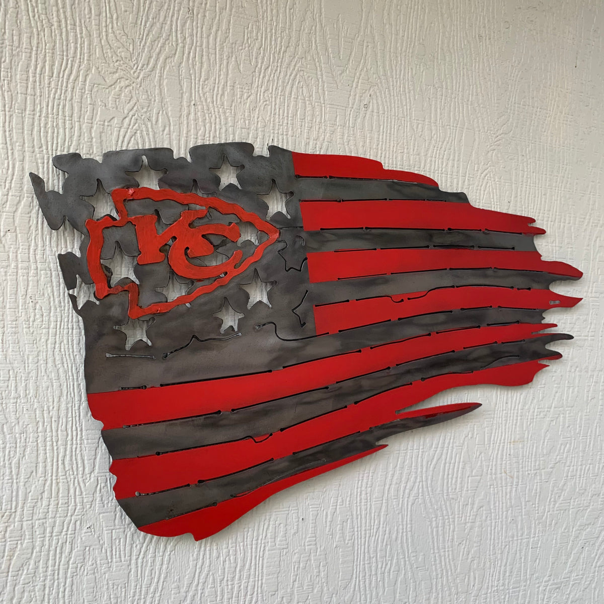 KANSAS CITY CHIEFS METAL TATTERED FLAG CUSTOM VINTAGE CRAFT WALL ART HANDMADE