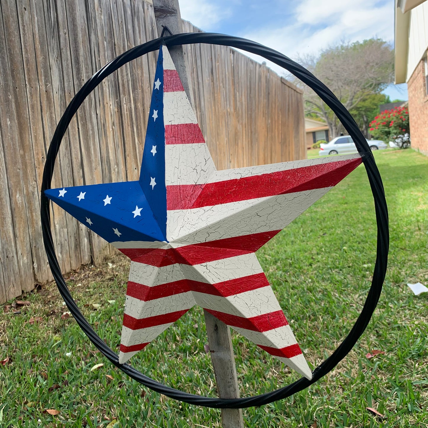 24" AMERICAN USA FLAG CRACKLE STAR METAL WALL ART WESTERN HOME DECOR HANDMADE NEW