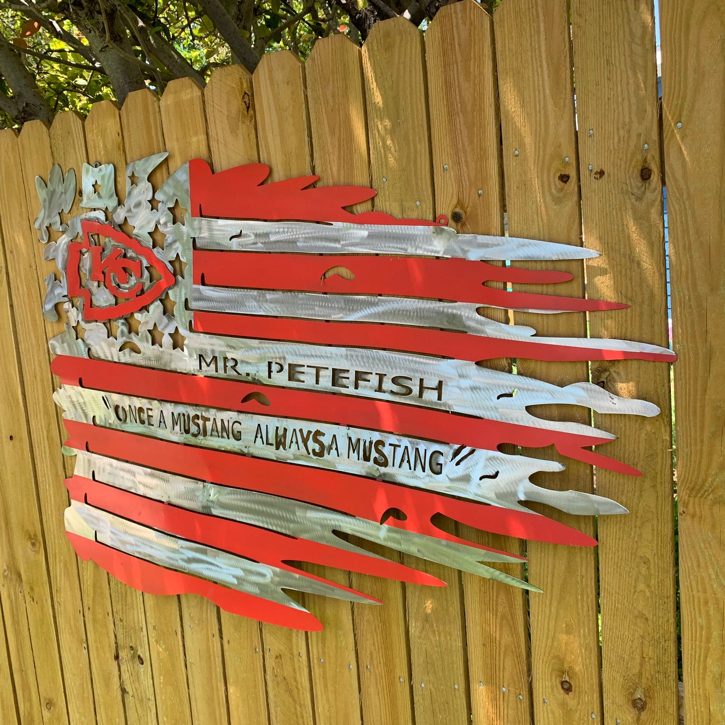 CUSTOM NAME KANSAS CITY CHIEFS METAL TATTERED FLAG CUSTOM VINTAGE CRAFT WALL ART HANDMADE