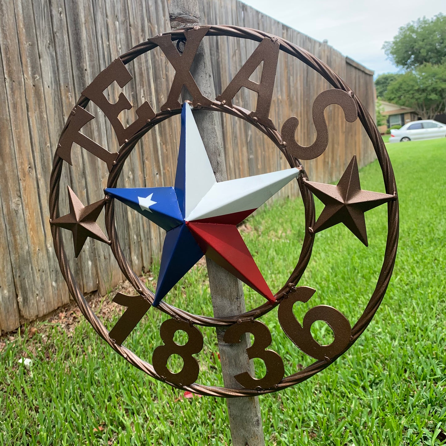 16" TEXAS 1836 RED WHITE BLUE TEXAS FLAG STAR BRONZE RING METAL BARN STAR WESTERN HOME DECOR HANDMADE NEW ART
