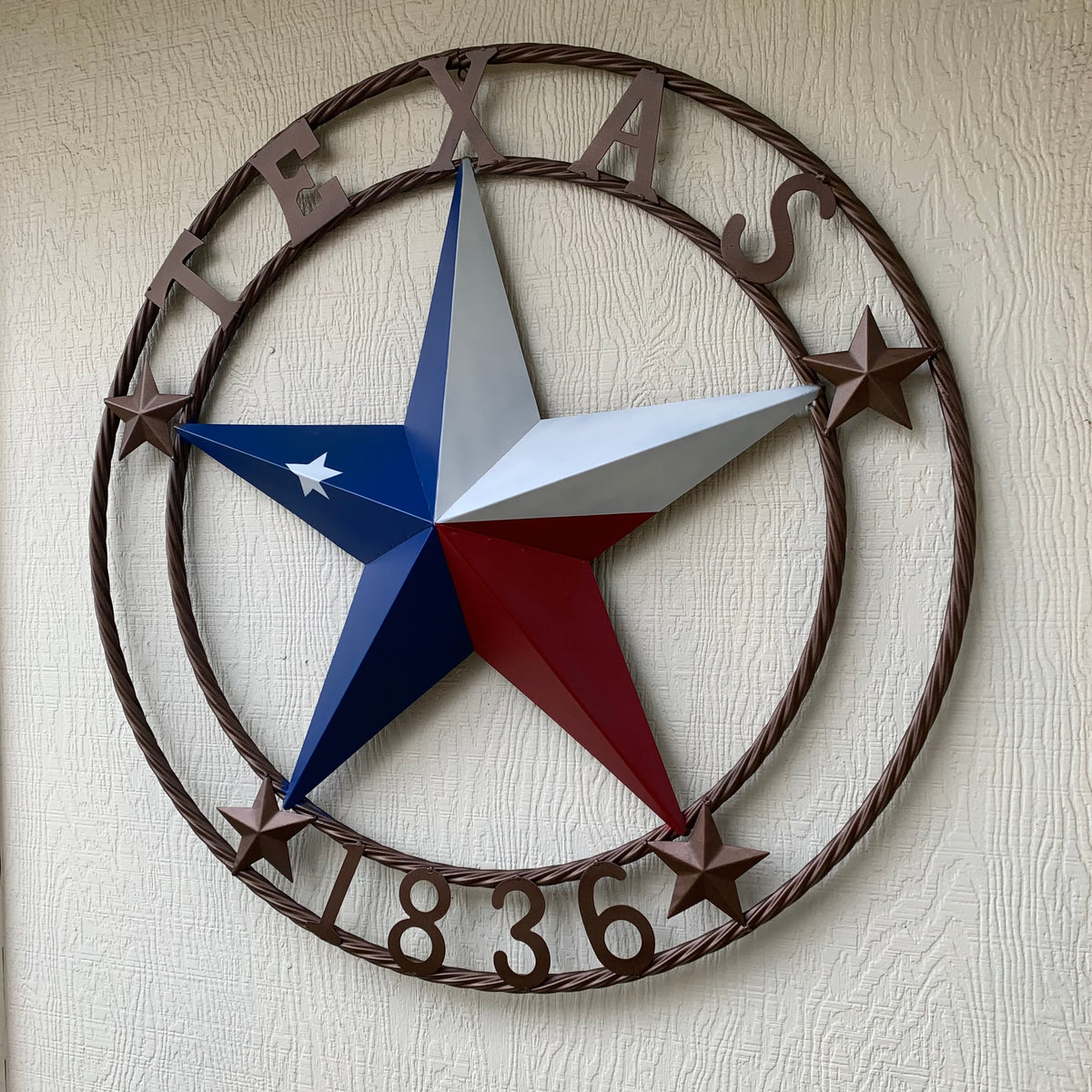 TEXAS 1836  FLAG STAR RED WHITE BLUE BARN STAR TWISTED ROPE RING BRONZE WESTERN HOME DECOR  #EH10958