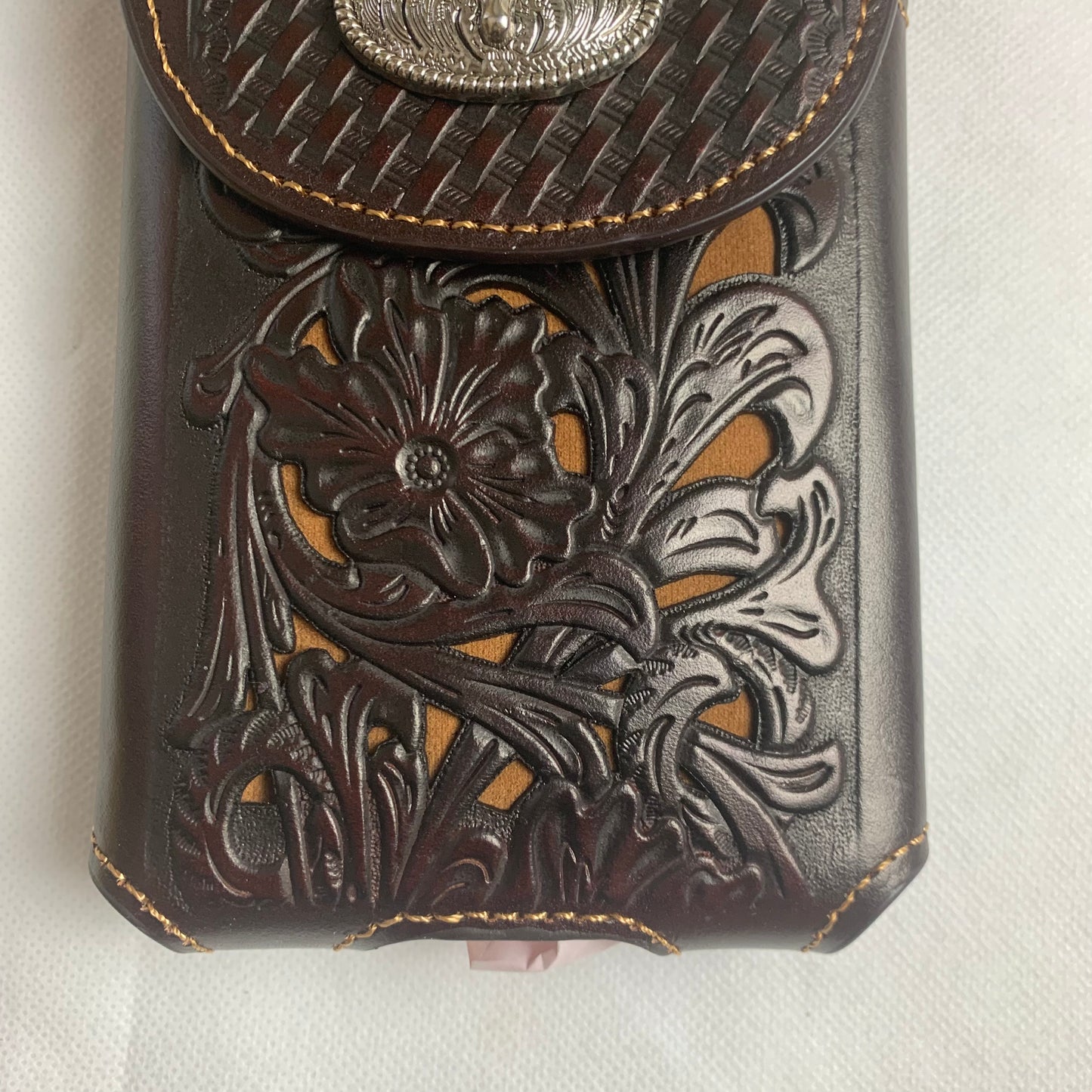 #LG2002 7.5" LONGHORN COFFEE BROWN & BEIGE  LEATHER POUCH EXTRA LARGE  BELT LOOP HOLSTER CELL PHONE CASE UNIVERSAL OVERSIZE