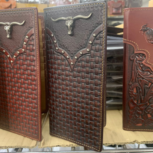LONGHORNS GENUINE LEATHER WESTERN CHECKBOOK MEN'S WALLET WESTERN FASHION #EH11748 --FREE SHIPPING