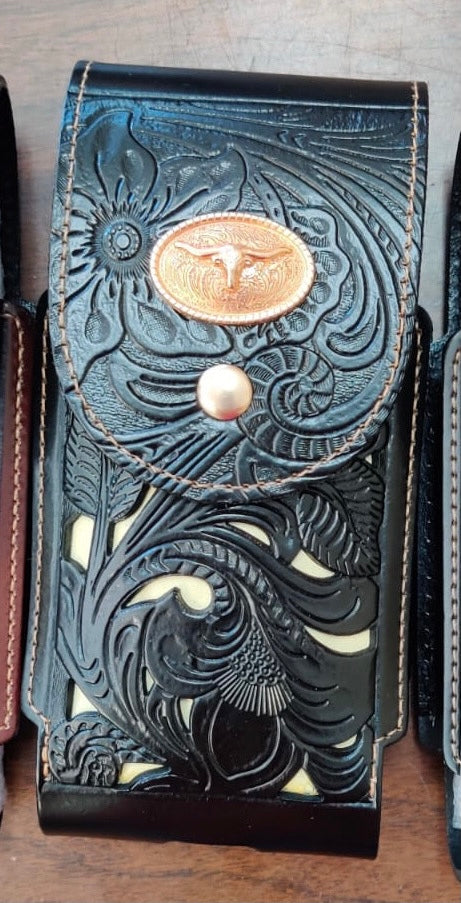 7" LONGHORN LEATHER BLACK WHITE POUCH EXTRA LARGE  BELT LOOP HOLSTER CELL PHONE CASE UNIVERSAL OVERSIZE--FREE SHIPPING