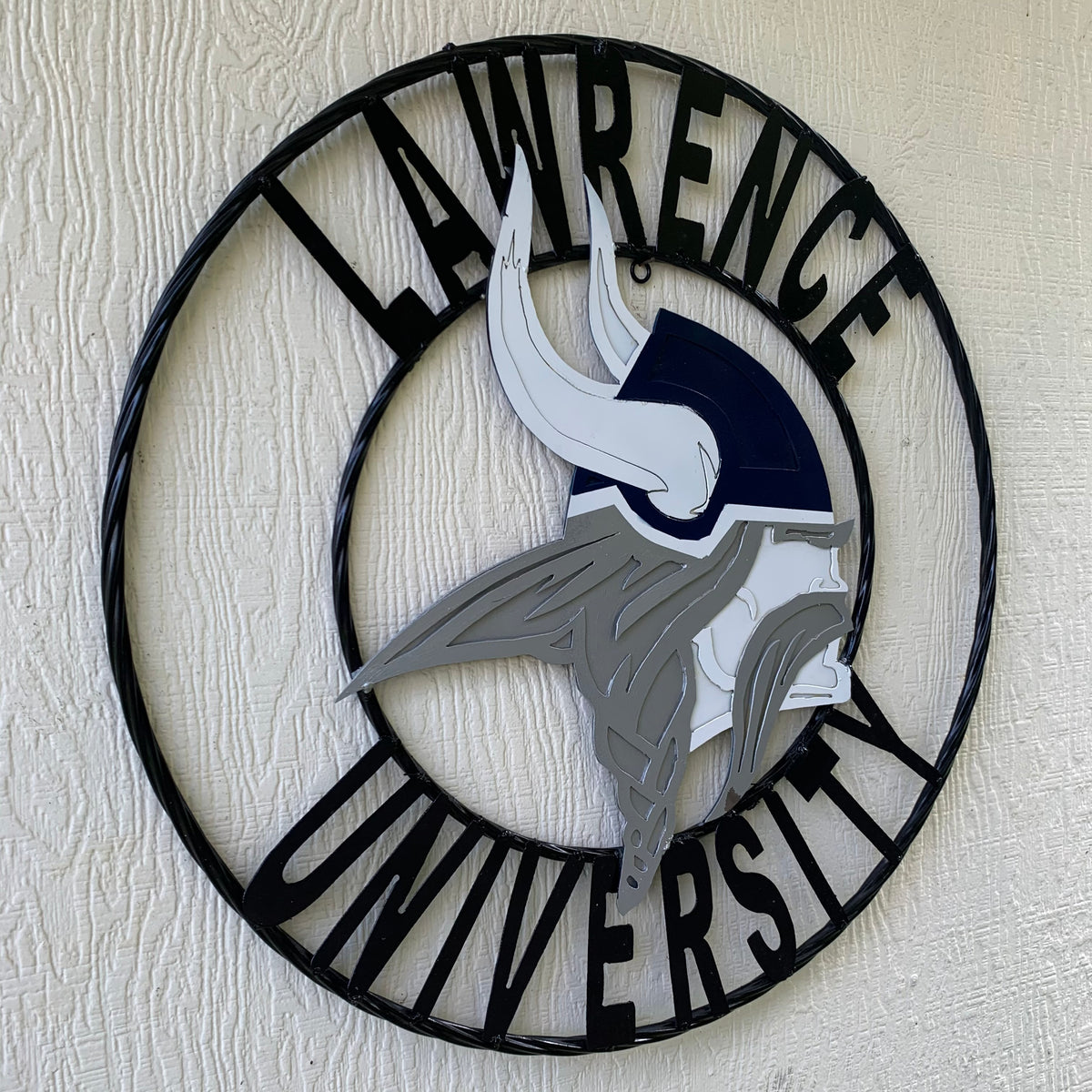 LAWRENCE UNIVERSITY METAL CUSTOM VINTAGE CRAFT WALL ART RUSTIC BLUE SILVER WHITE TEAM SIGN HANDMADE