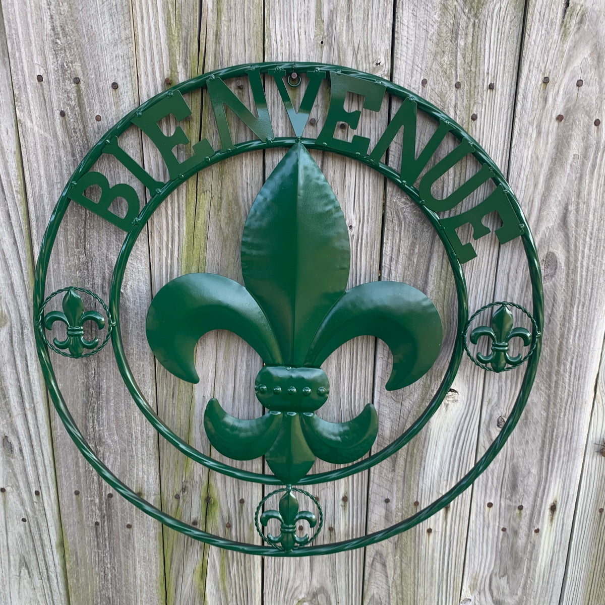 24", 32" GLOSSY HUNTER GREEN FLEUR DE LIS BIENVENUE METAL WALL ART WESTERN HOME DECOR