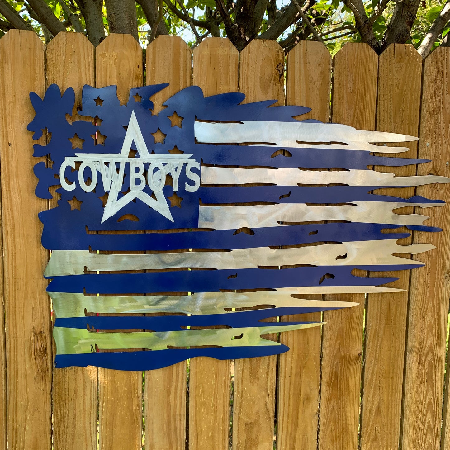 DALLAS COWBOYS METAL TATTERED FLAG BRIGHT BLUE & SILVER CUSTOM VINTAGE CRAFT TEAM SIGN HANDMADE
