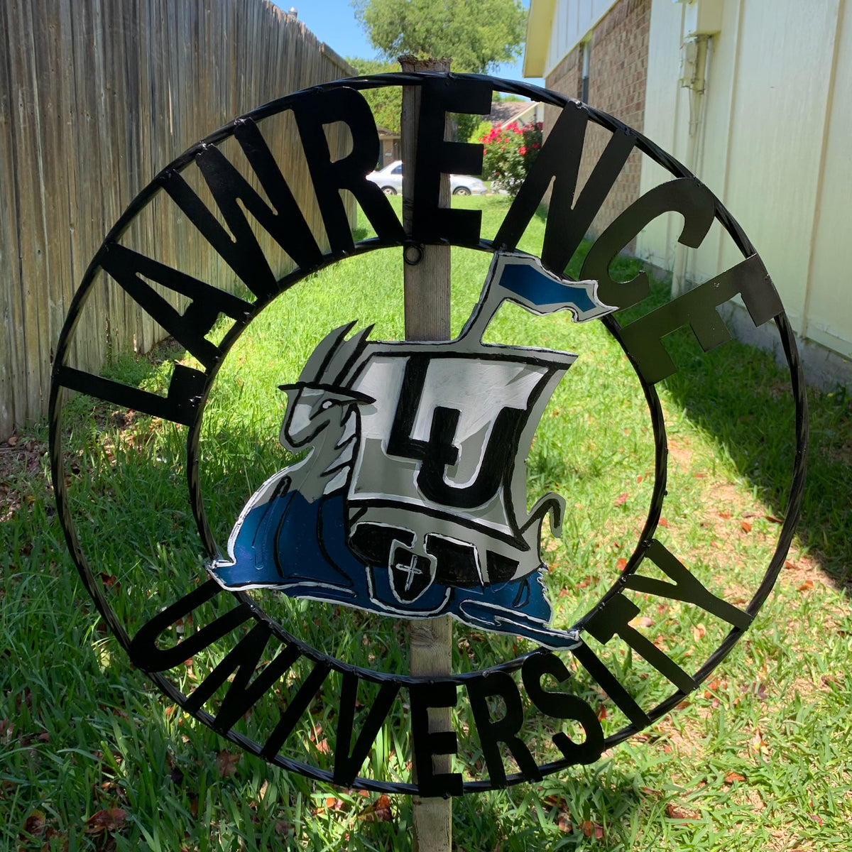 LAWRENCE UNIVERSITY METAL CUSTOM VINTAGE CRAFT WALL ART RUSTIC BLUE SILVER WHITE TEAM SIGN HANDMADE