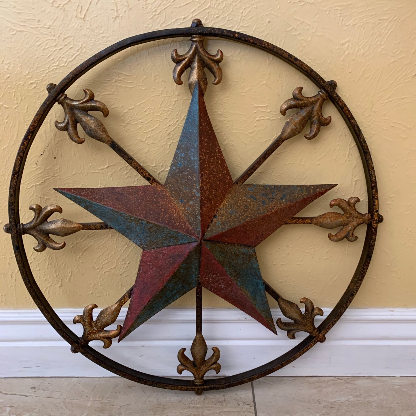 24" RUSTIC STAR & MULTI FLEUR DE LIS METAL WALL ART WESTERN HOME DECOR RED GOLD & TURQUOISE ART