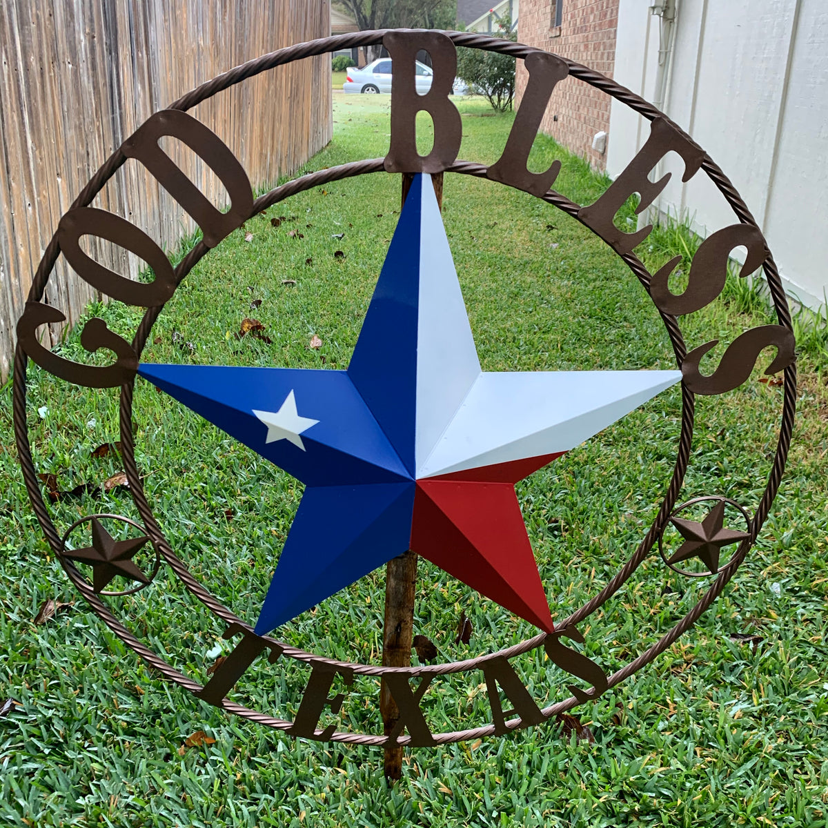 GOD BLESS TEXAS RED WHITE BLUE BARN METAL STAR BRONZE TWISTED ROPE RING WALL ART WESTERN HOME DECOR HANDMADE #EH11884