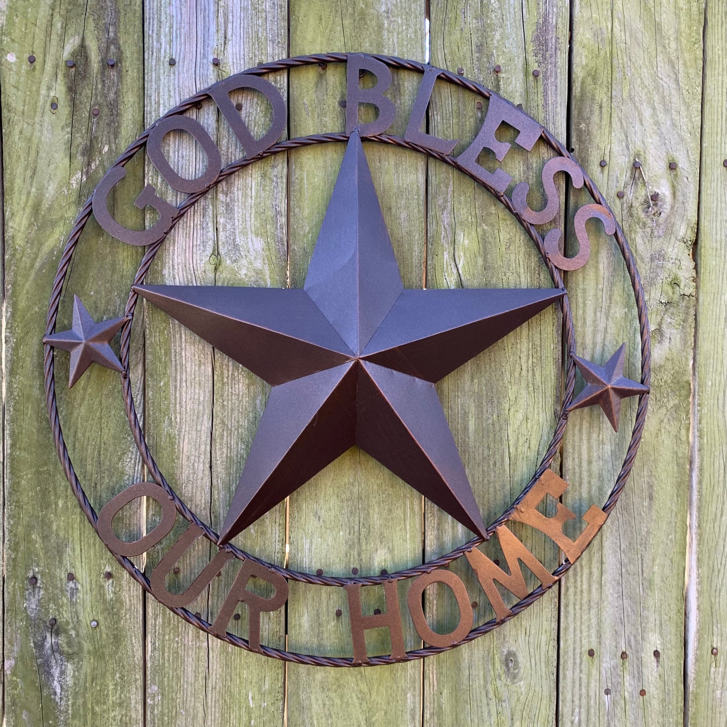 GOD BLESS OUR HOME BARN METAL STAR TWISTED ROPE RING WESTERN HOME DECOR RUSTIC BRONZE HANDMADE NEW #EH11021