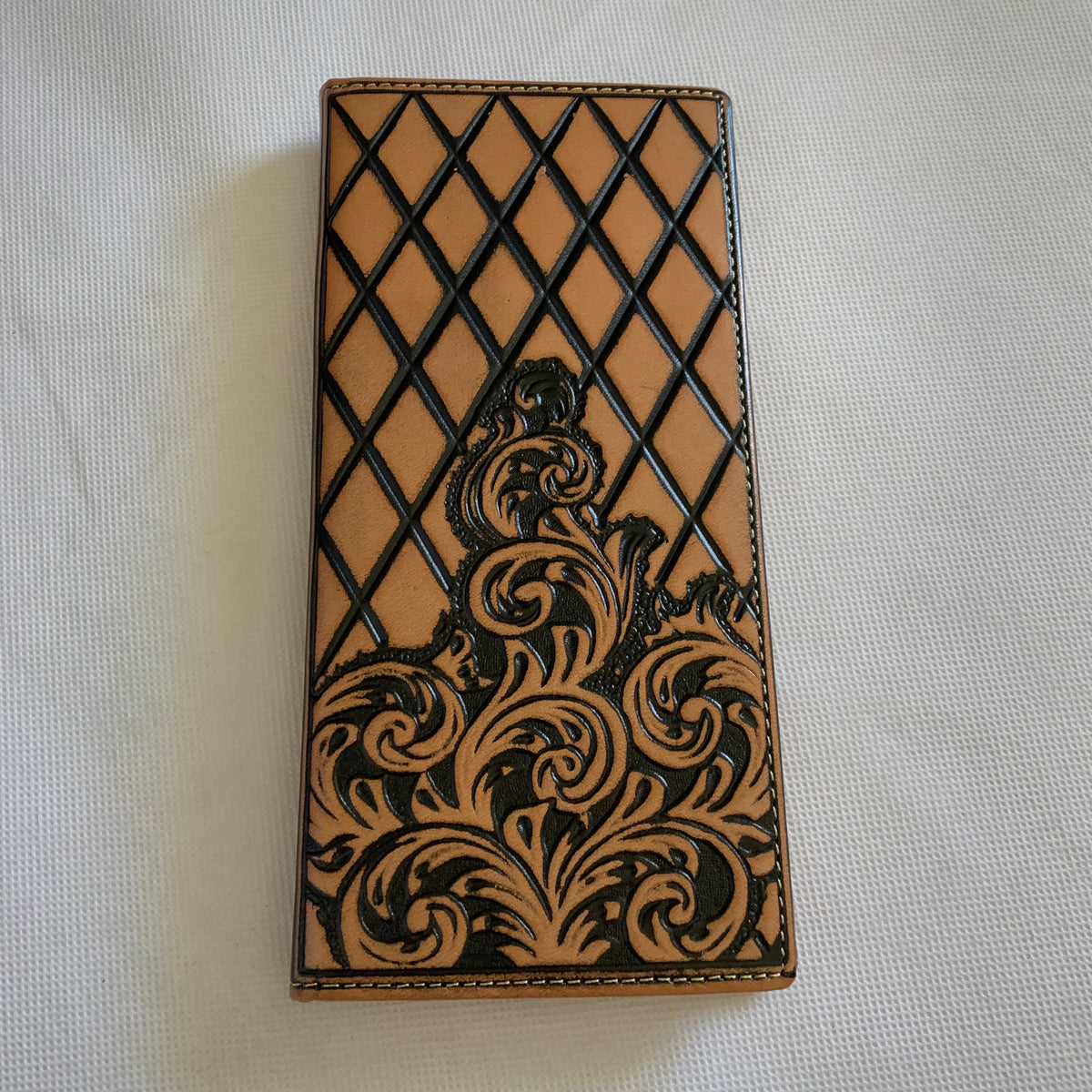 WESTERN CHECKBOOK BI FOLD WALLET or MEN'S WALLET GENUINE LEATHER TAN/BLACK FRONT FLORAL EMBOSSED NEW