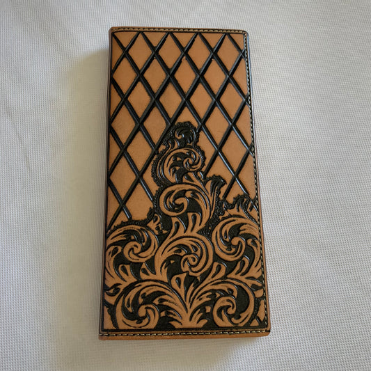 WESTERN CHECKBOOK BI FOLD WALLET or MEN'S WALLET GENUINE LEATHER TAN/BLACK FRONT FLORAL EMBOSSED NEW