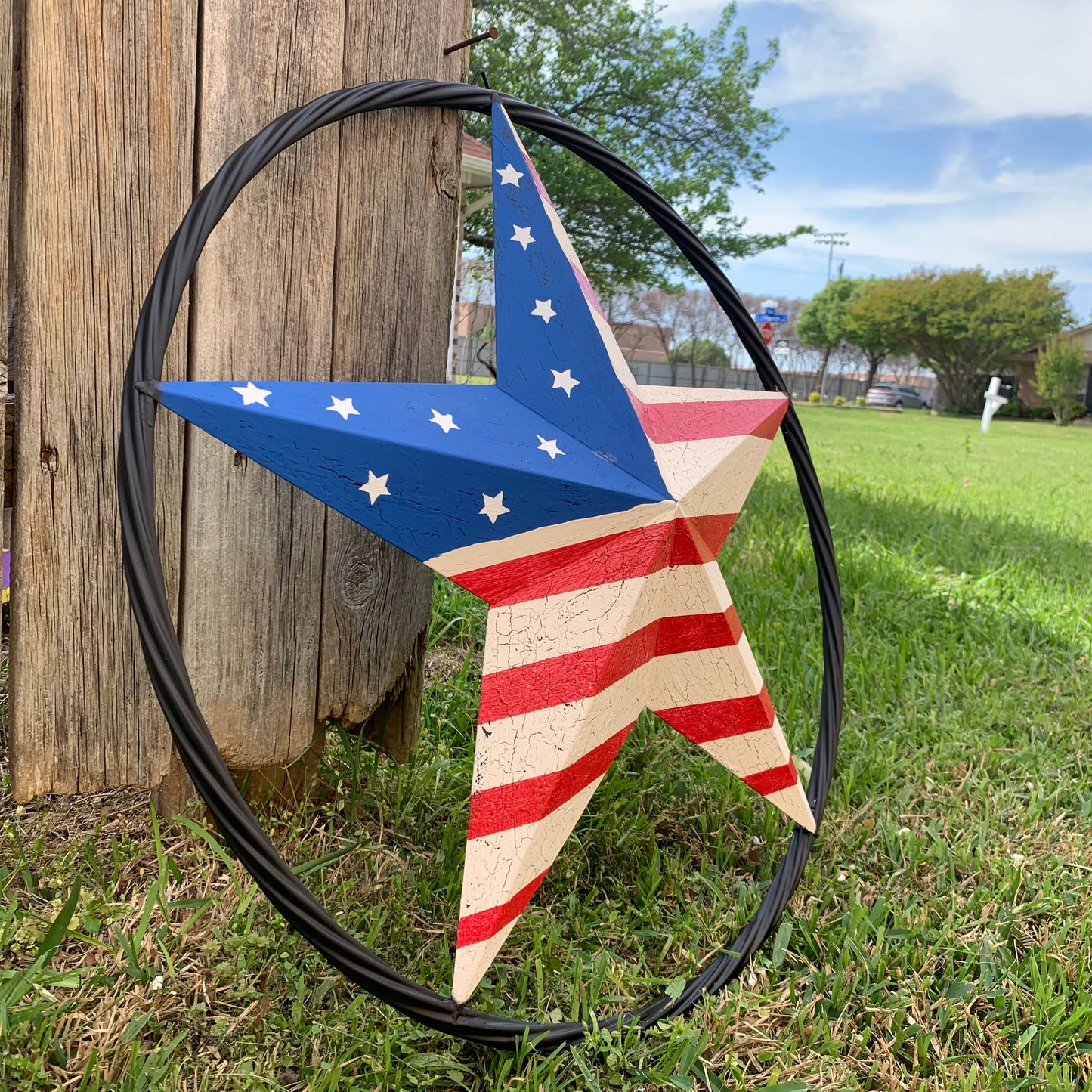 24" AMERICAN USA FLAG CRACKLE STAR METAL WALL ART WESTERN HOME DECOR HANDMADE NEW