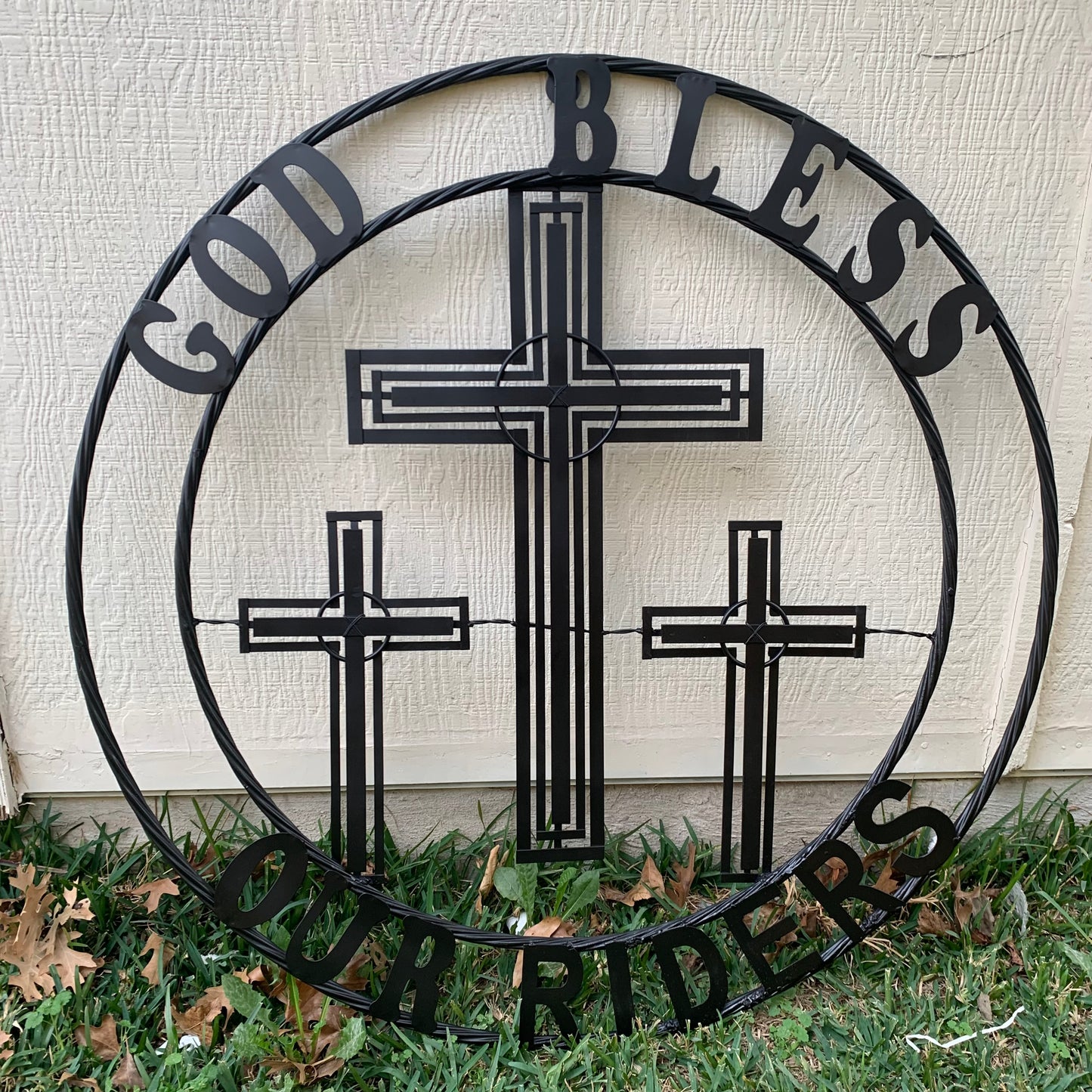 40"GOD BLESS OUR RIDERS CRUCIFIX BLACK CROSS METAL WALL ART HANDMADE