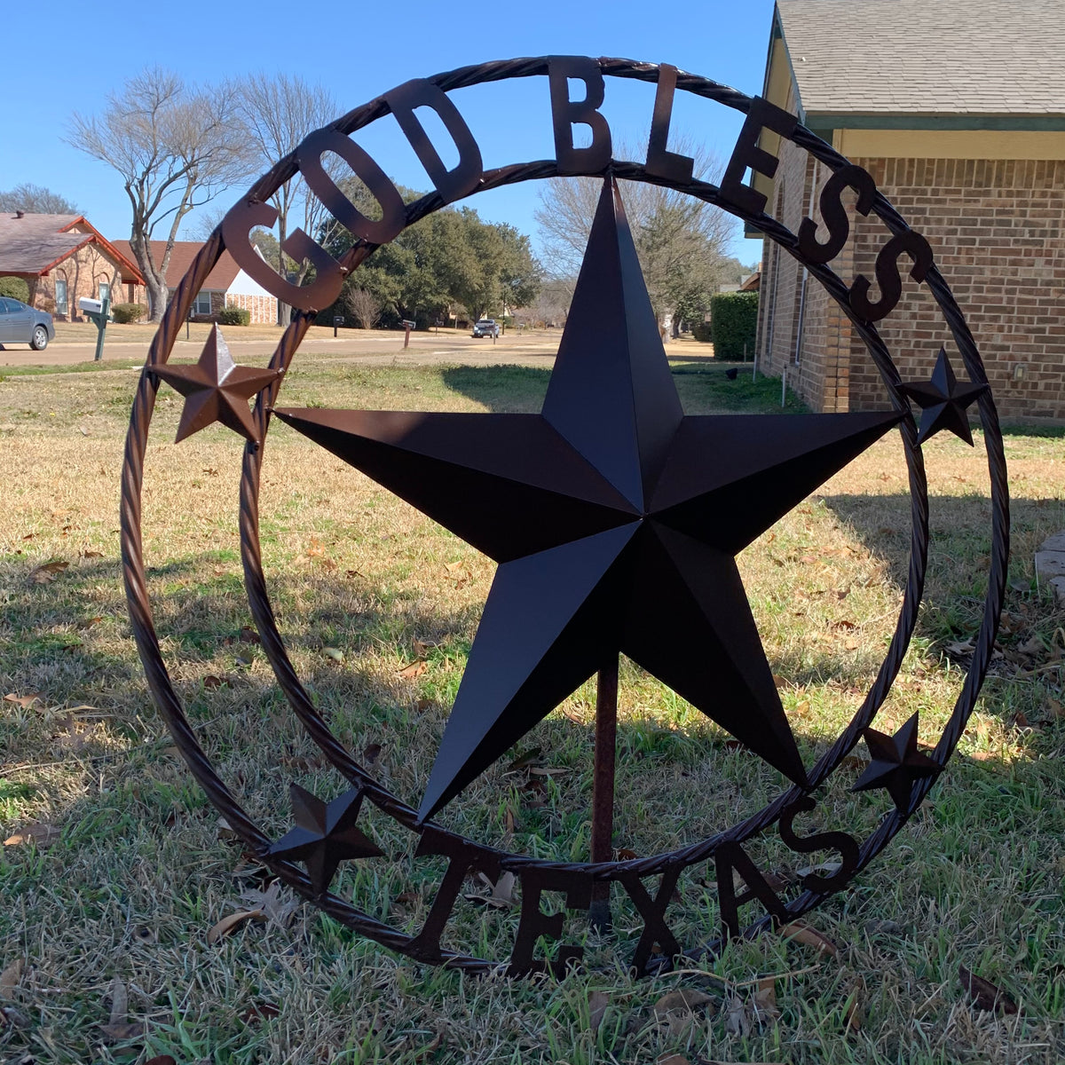 GOD BLESS TEXAS BROWN BARN STAR METAL LONE STAR TWISTED ROPE RING WESTERN HOME DECOR HANDMADE NEW #EH11085