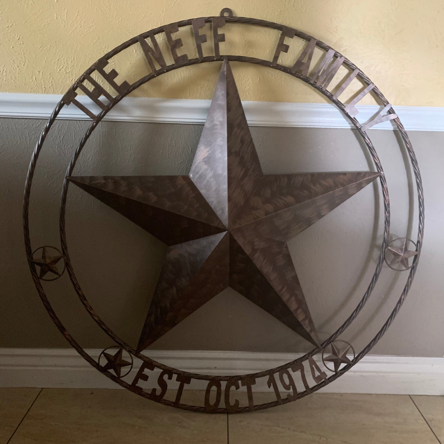COLOMINA STYLE YOUR CUSTOM NAME BARN STAR BRONZE BRUSH COPPER METAL STAR 3d TWISTED ROPE RING COLOMINA WESTERN HOME DECOR RUSTIC VINTAGE HANDMADE 24",32",36",40",42",44",46",50"