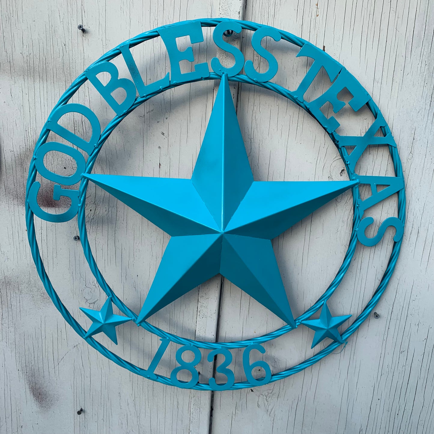 GOD BLESS TEXAS 1836 BARN METAL STAR TWISTED ROPE RING WESTERN HOME DECOR RUSTIC TURQUOISE SEASIDE NEW 24",32",36"