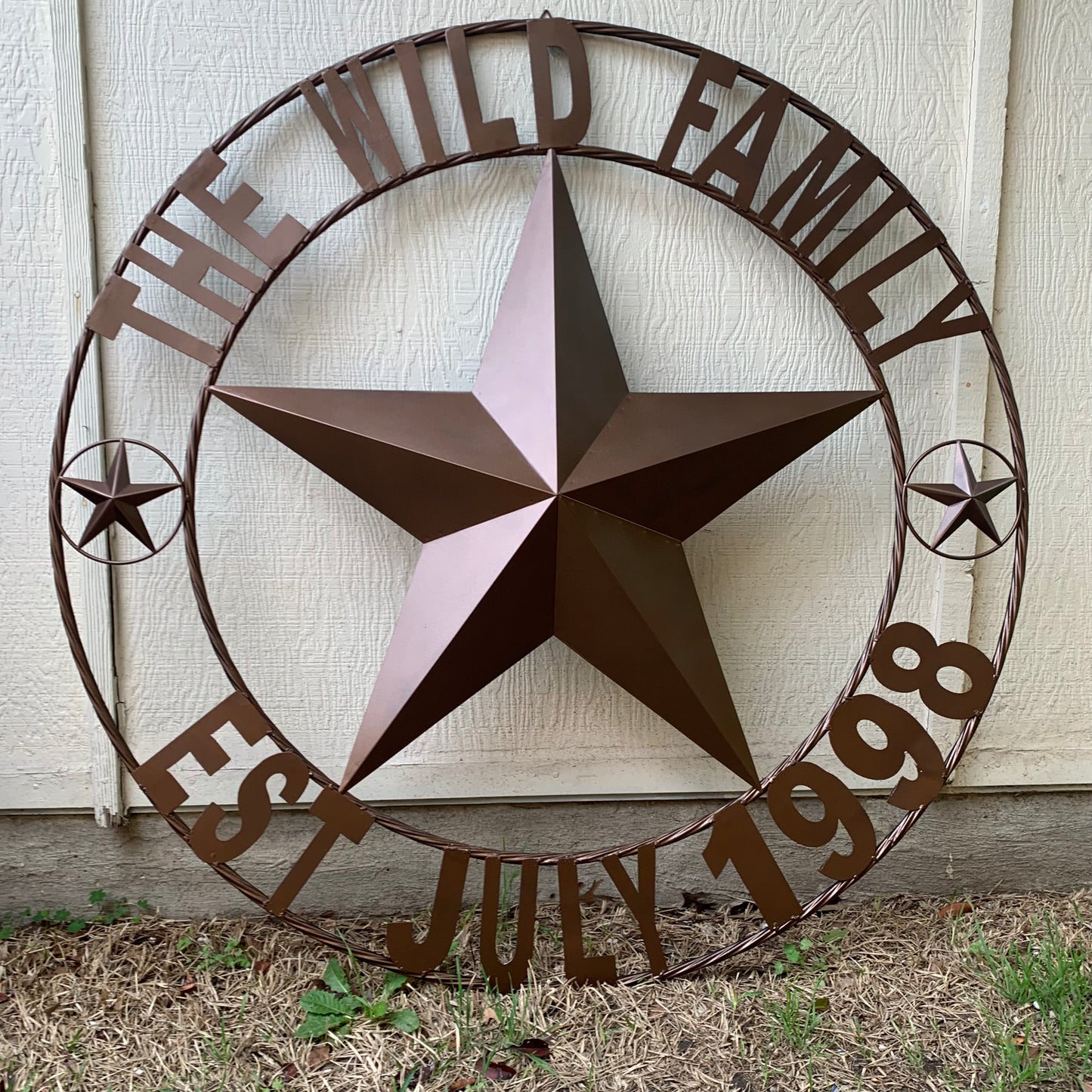 THE WILD FAMILY STYLE CUSTOM FAMILY NAME STAR METAL BARN STAR ROPE RING WESTERN HOME DECOR BRONZE HANDMADE 24",32",34",36",40",42",44",48",50"