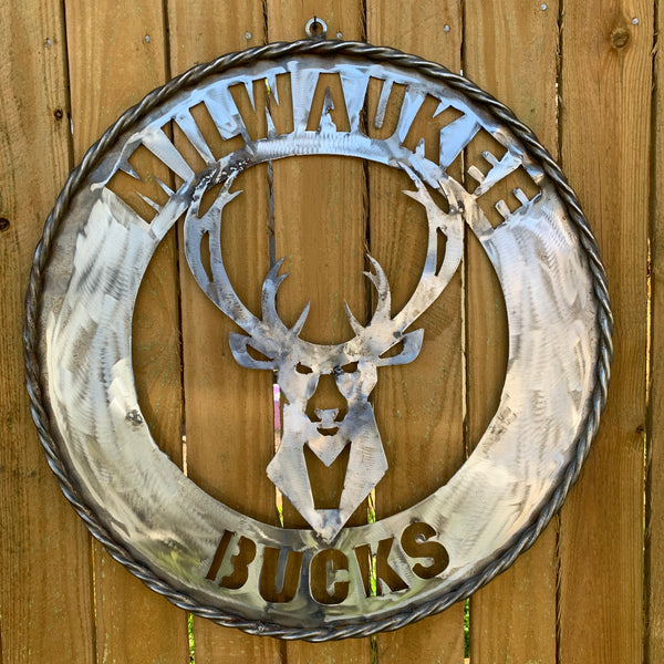 24" MILWAUKEE BUCKS RAW METAL WIDE BAND DISC STYLE METAL CUSTOM VINTAGE CRAFT TEAM SPORTS SIGN HANDMADE