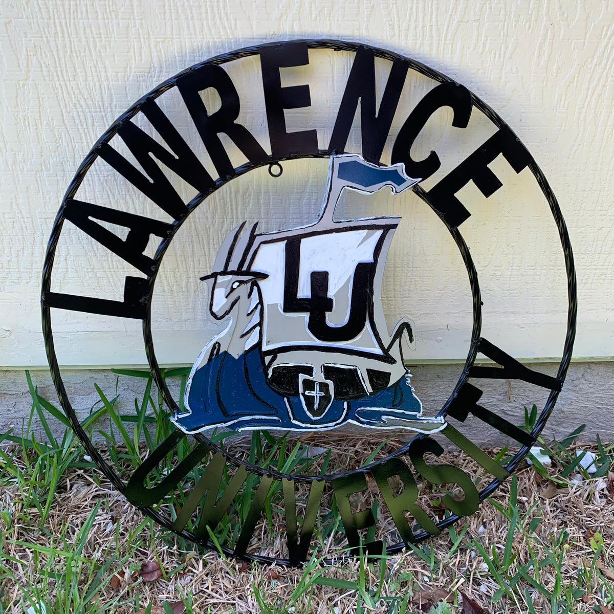 LAWRENCE UNIVERSITY METAL CUSTOM VINTAGE CRAFT WALL ART RUSTIC BLUE SILVER WHITE TEAM SIGN HANDMADE