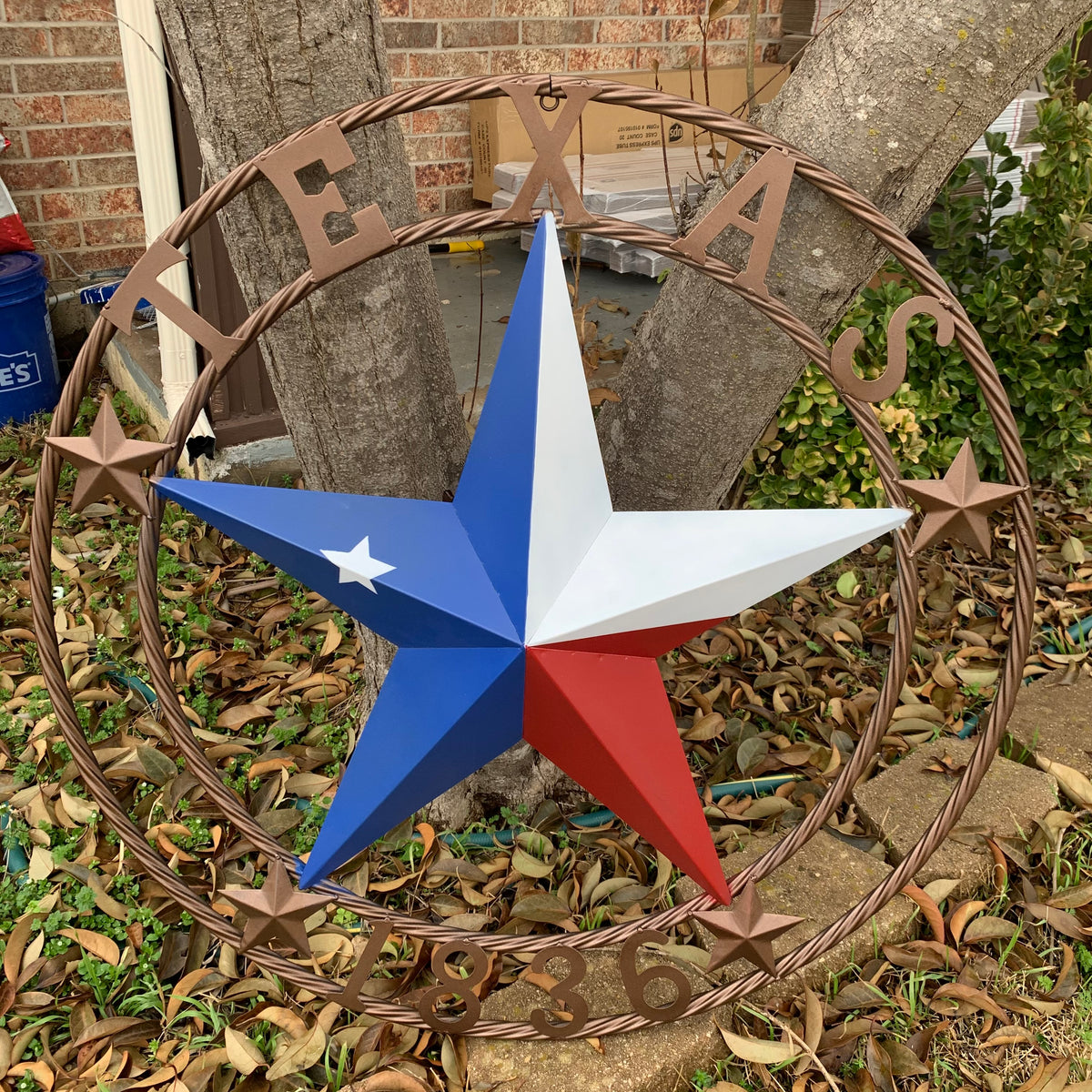 TEXAS 1836  FLAG STAR RED WHITE BLUE BARN STAR TWISTED ROPE RING BRONZE WESTERN HOME DECOR  #EH10958