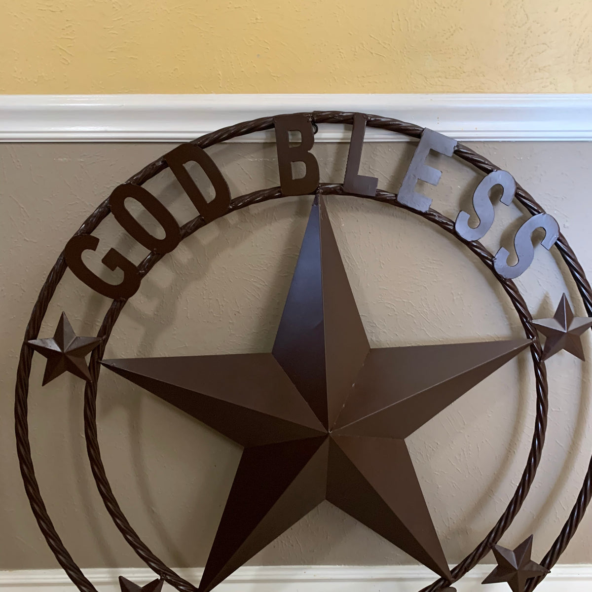 GOD BLESS TEXAS BROWN BARN STAR METAL LONE STAR TWISTED ROPE RING WESTERN HOME DECOR HANDMADE NEW #EH11085