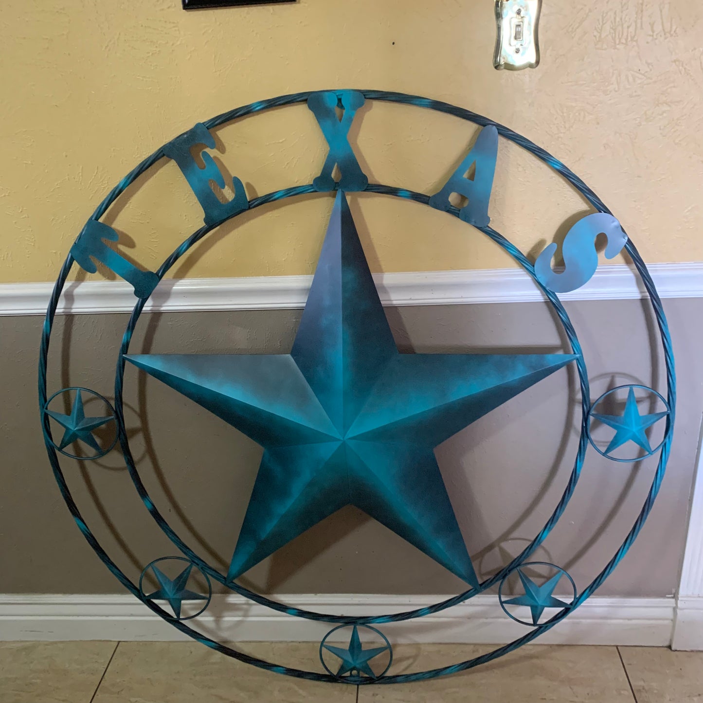 TEXAS LONESTAR TURQUOISE DISTRESSED TWO TONE METAL BARN STAR TWISTED ROPE RING WALL ART WESTERN HOME DECOR HANDMADE NEW #EH10483