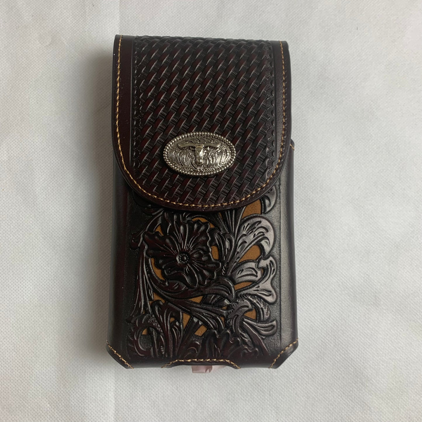 #LG2002 7.5" LONGHORN COFFEE BROWN & BEIGE  LEATHER POUCH EXTRA LARGE  BELT LOOP HOLSTER CELL PHONE CASE UNIVERSAL OVERSIZE