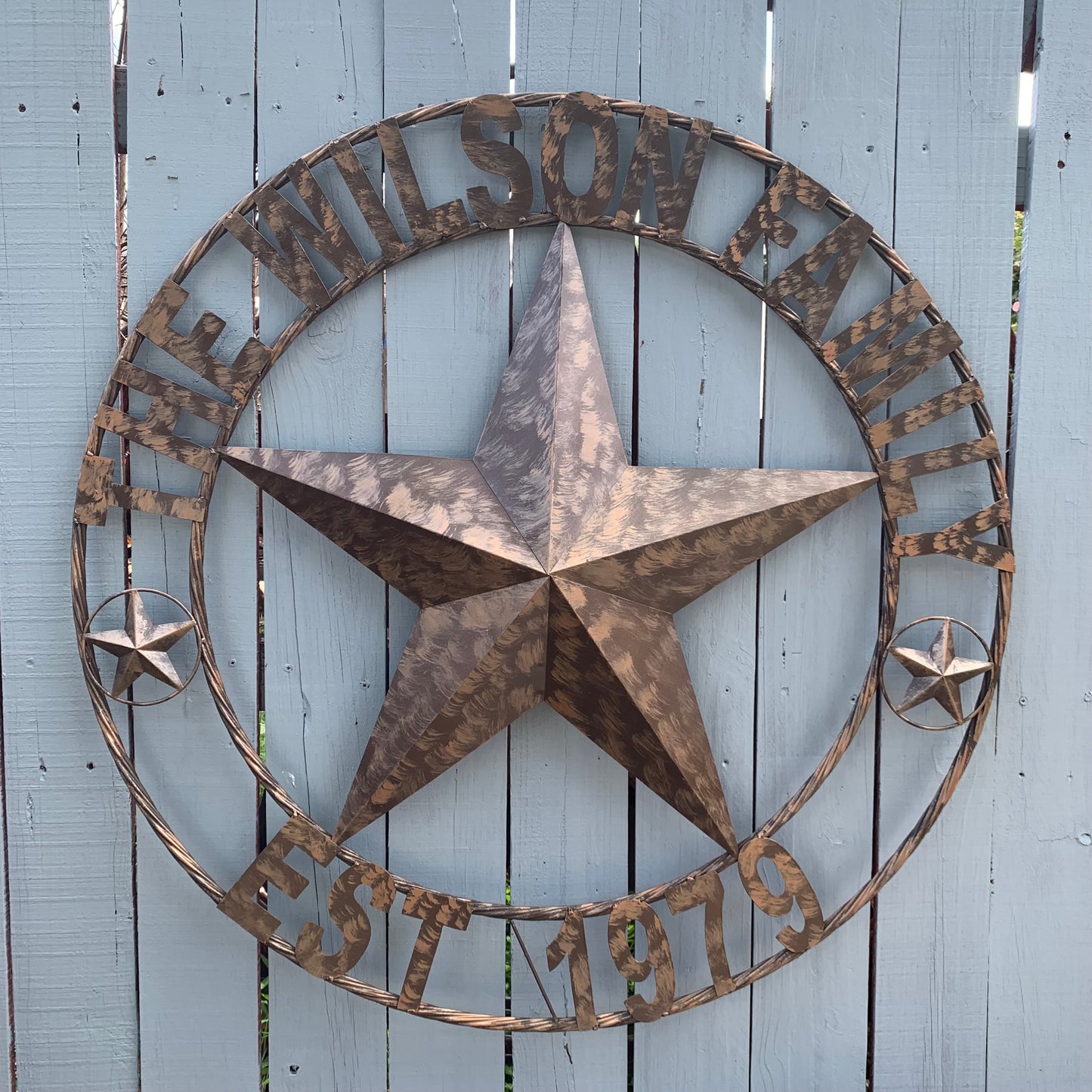 COLOMINA STYLE YOUR CUSTOM NAME BARN STAR BRONZE BRUSH COPPER METAL STAR 3d TWISTED ROPE RING COLOMINA WESTERN HOME DECOR RUSTIC VINTAGE HANDMADE 24",32",36",40",42",44",46",50"