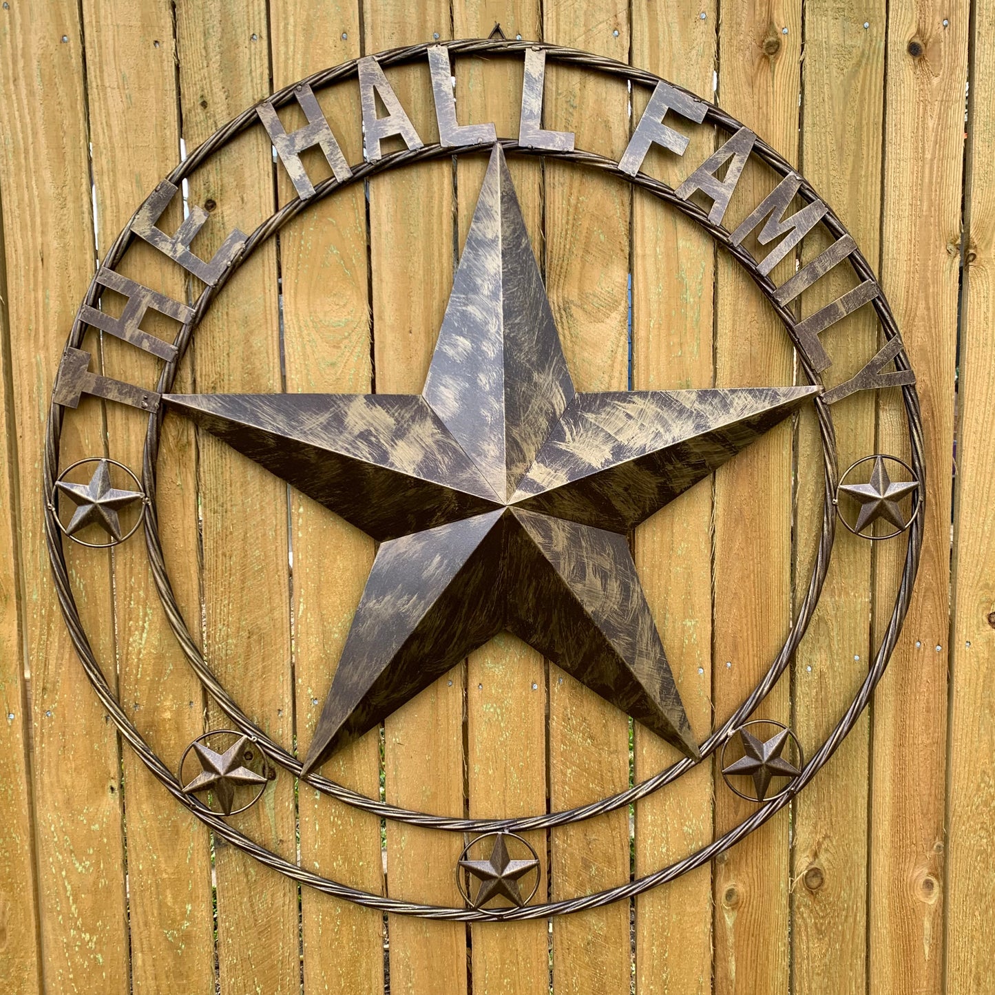 COLOMINA STYLE YOUR CUSTOM NAME BARN STAR BRONZE BRUSH COPPER METAL STAR 3d TWISTED ROPE RING COLOMINA WESTERN HOME DECOR RUSTIC VINTAGE HANDMADE 24",32",36",40",42",44",46",50"