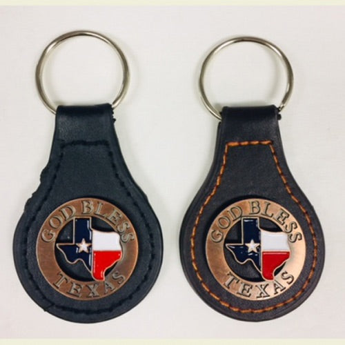 #EH80013 GOD BLESS TEXAS LEATHER KEYFOB KECHAIN METAL CONCHO WESTERN FASHION ART NEW -- FREE SHIPPING