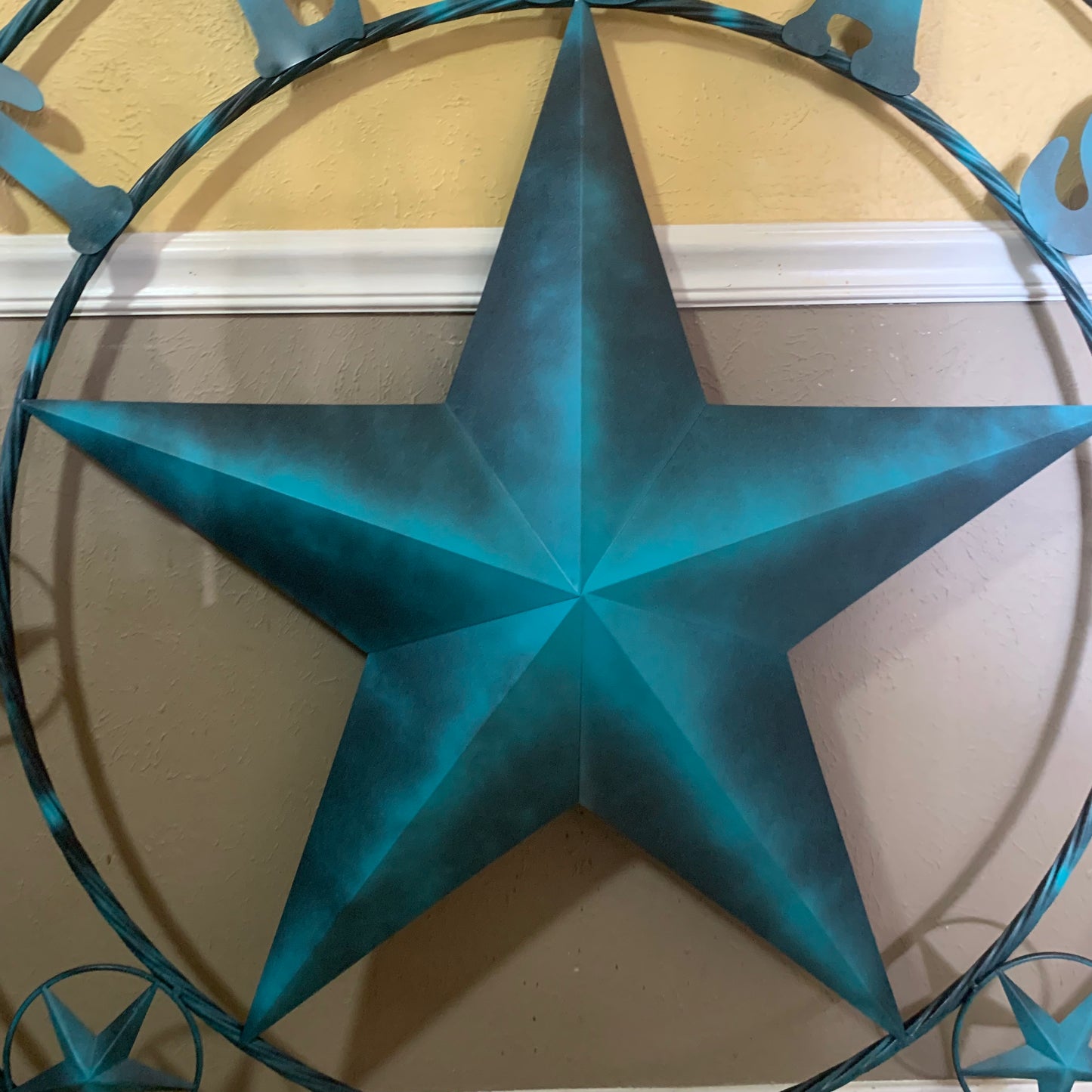 TEXAS LONESTAR TURQUOISE DISTRESSED TWO TONE METAL BARN STAR TWISTED ROPE RING WALL ART WESTERN HOME DECOR HANDMADE NEW #EH10483