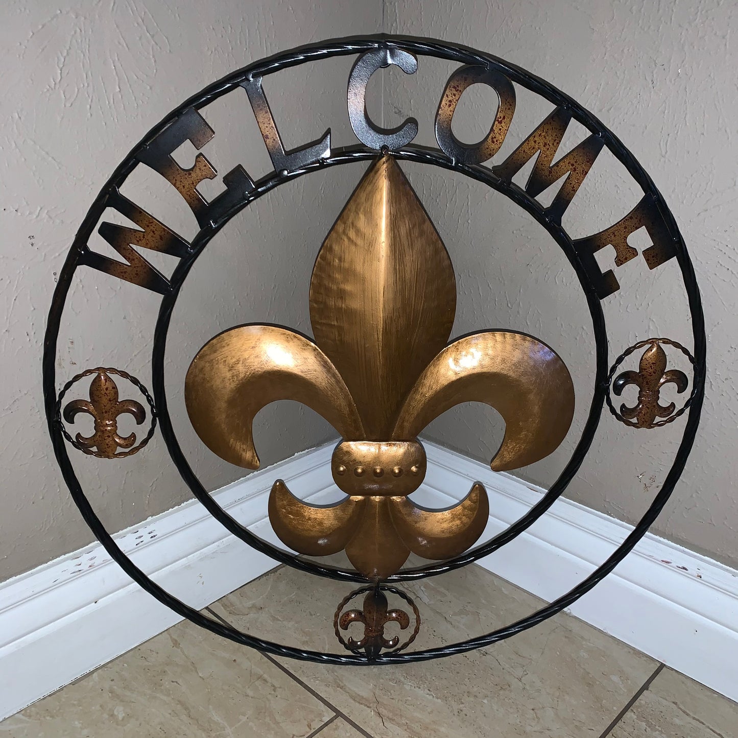 24", 32" WELCOME FLEUR DE LIS METAL WALL ART WESTERN HOME DECOR GOLD & BLACK #EH10251