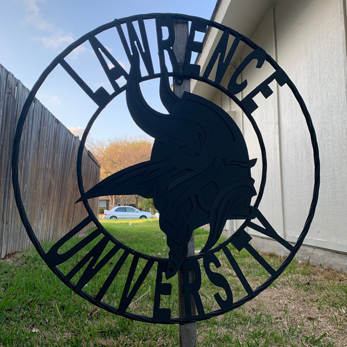 LAWRENCE UNIVERSITY METAL CUSTOM VINTAGE CRAFT WALL ART RUSTIC BLUE SILVER WHITE TEAM SIGN HANDMADE