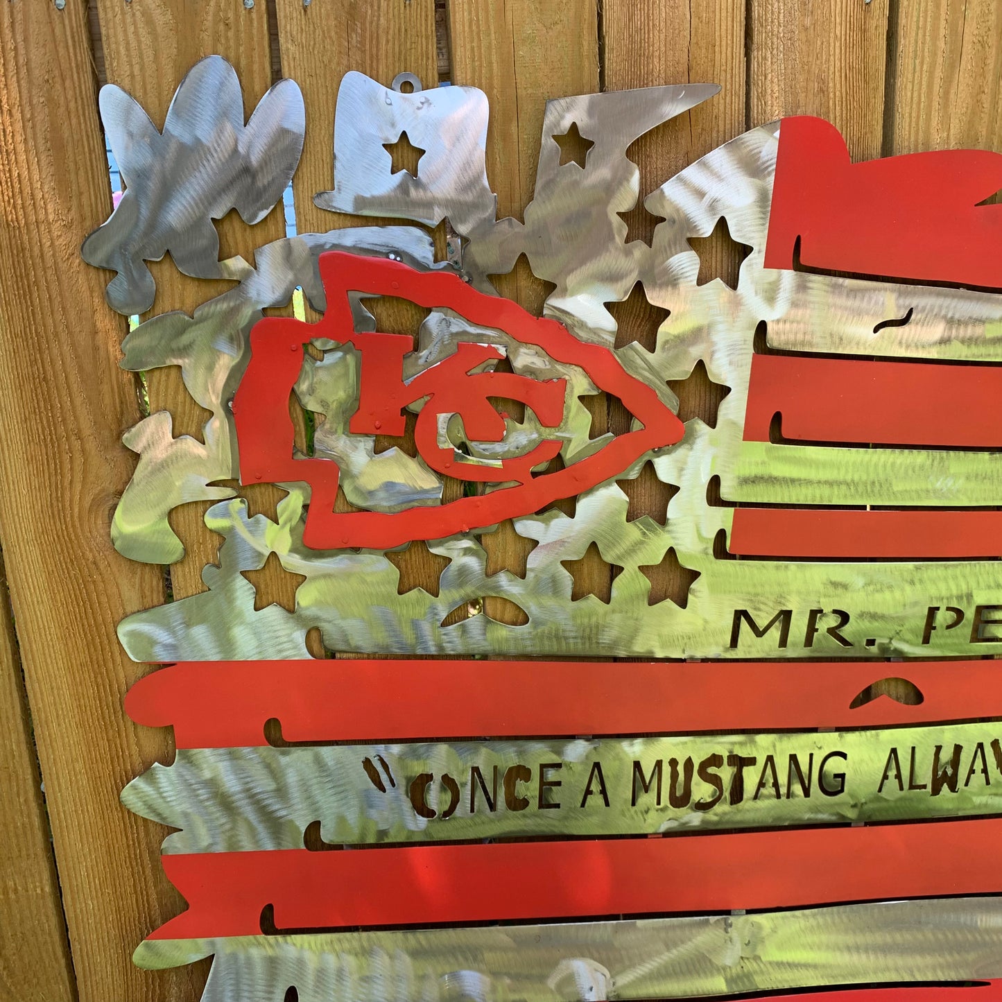 CUSTOM NAME KANSAS CITY CHIEFS METAL TATTERED FLAG CUSTOM VINTAGE CRAFT WALL ART HANDMADE