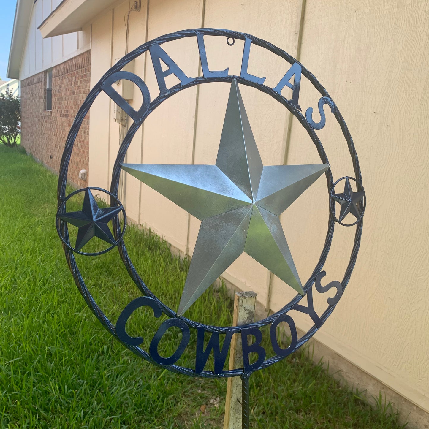 24" STAR & 34" STAKE DALLAS COWBOYS DECOR METAL ART WESTERN HOME WALL DECOR ALL SILVER & NAVY BLUE WITH 34" STAKE