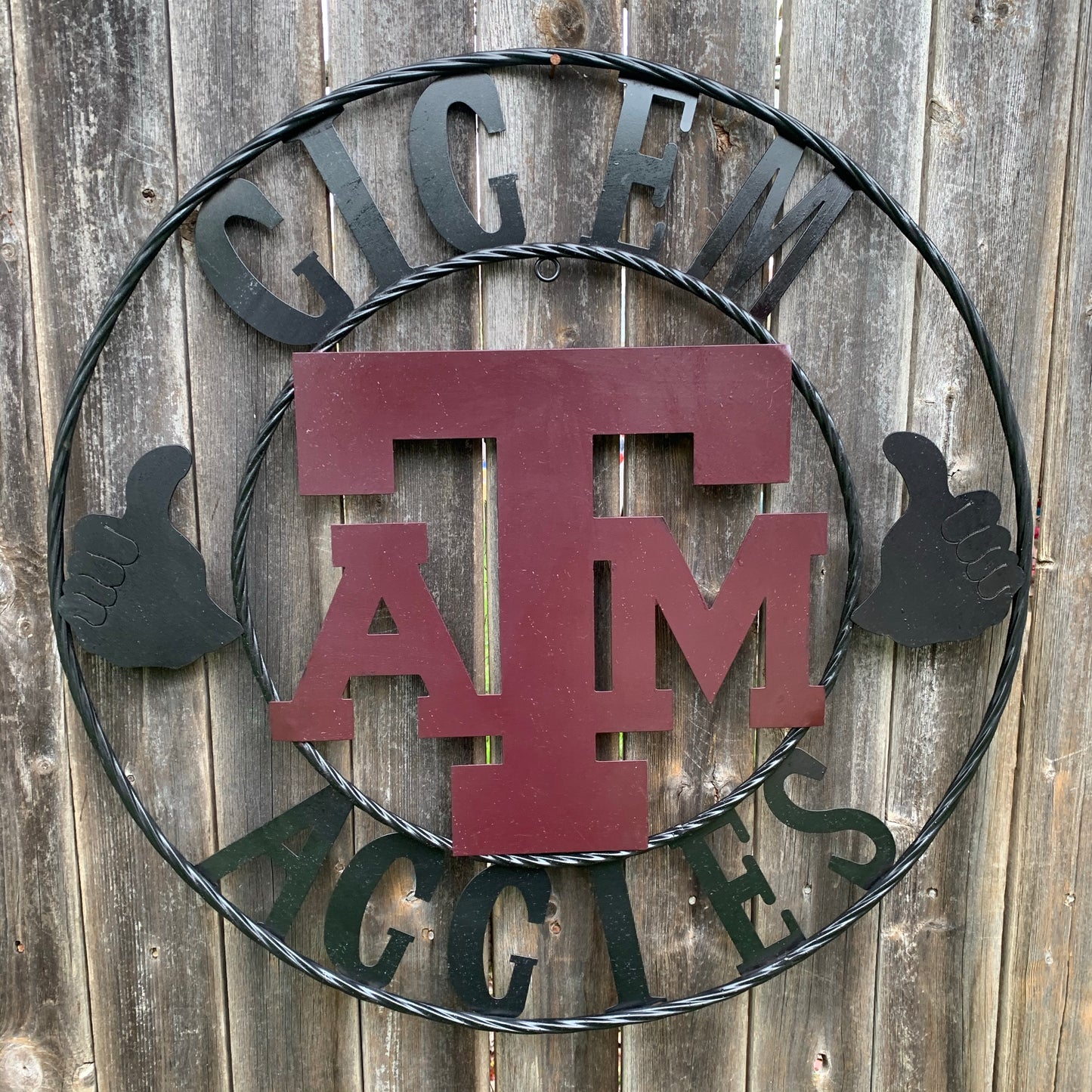 TEXAS A&M, GIGEM AGGIES THUMBS UP METAL CUSTOM VINTAGE CRAFT TEAM SIGN HANDMADE