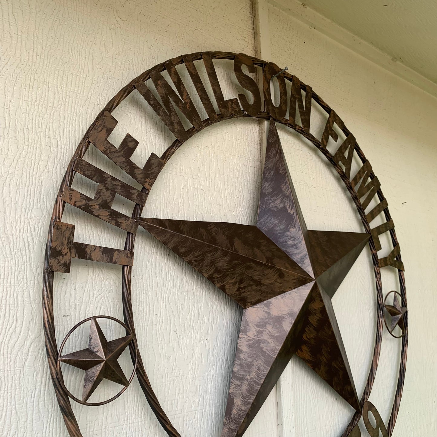 COLOMINA STYLE YOUR CUSTOM NAME BARN STAR BRONZE BRUSH COPPER METAL STAR 3d TWISTED ROPE RING COLOMINA WESTERN HOME DECOR RUSTIC VINTAGE HANDMADE 24",32",36",40",42",44",46",50"