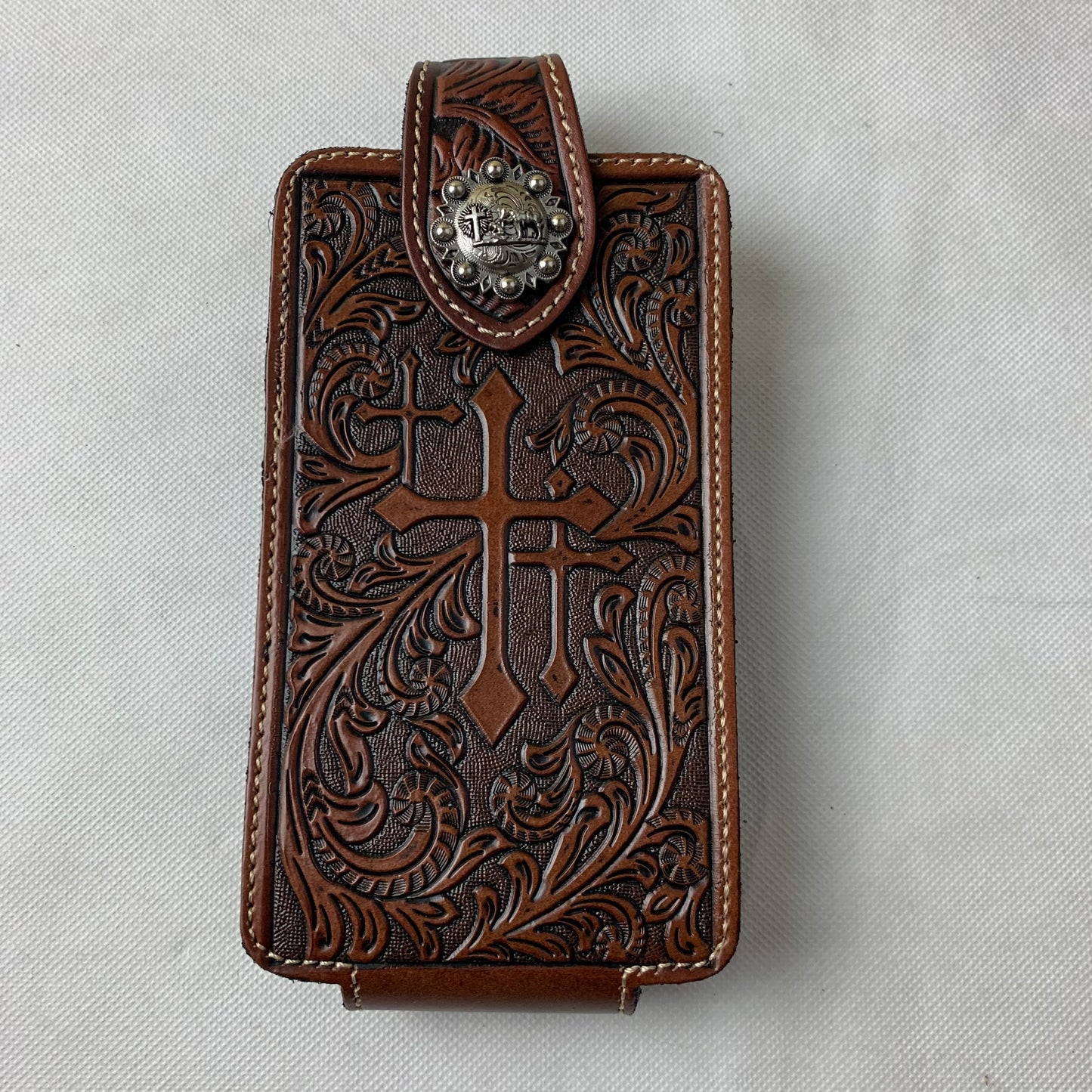 7" COWBOY PRAYER CROSS LEATHER HOLSTER POUCH COFFEE BROWN  LARGE  BELT LOOP HOLSTER CELL PHONE CASE UNIVERSAL OVERSIZE #WS344D--FREE SHIPPING